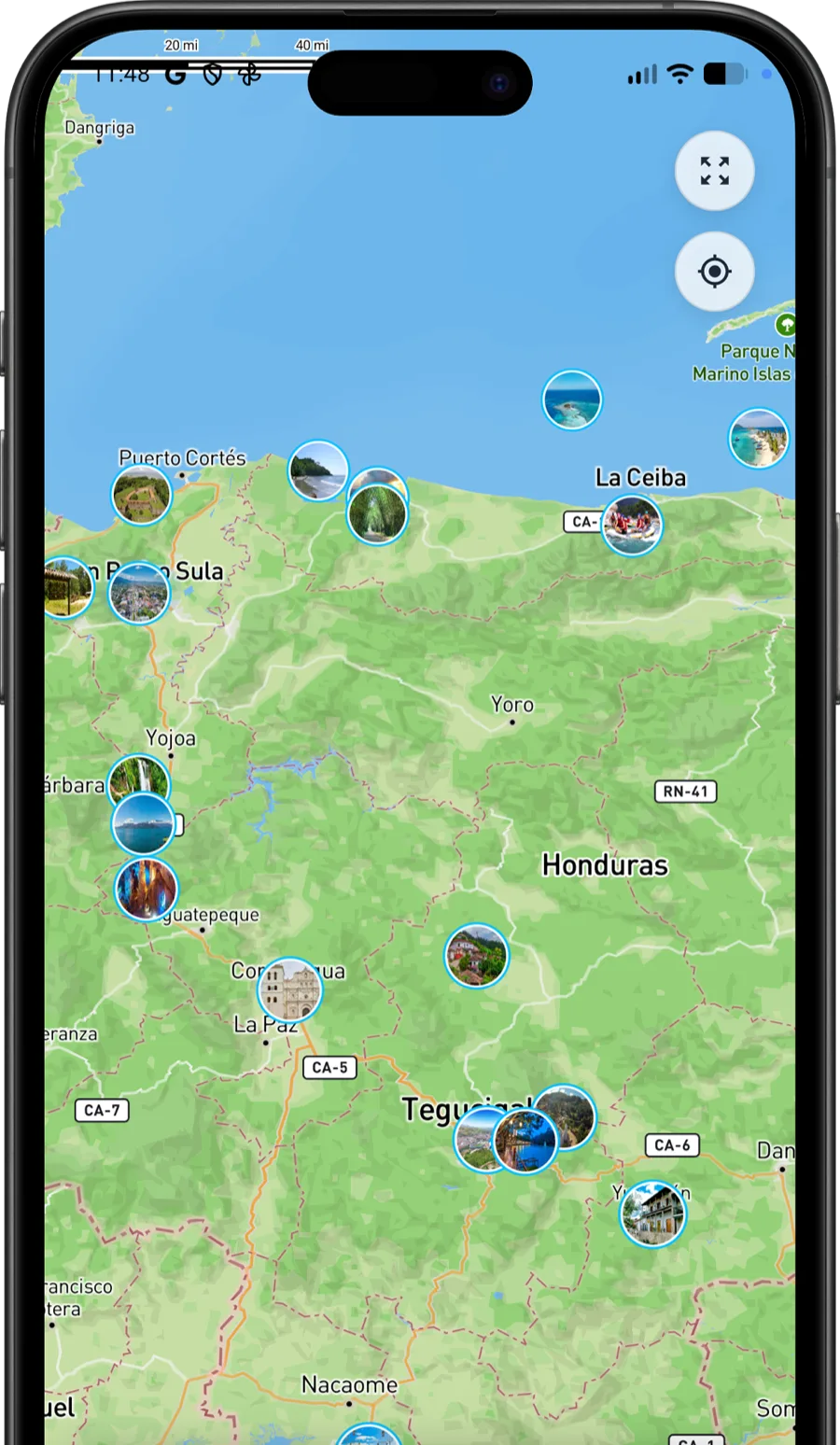 Pantalla del mapa interactivo de Honduras con fotografías de destinos turísticos