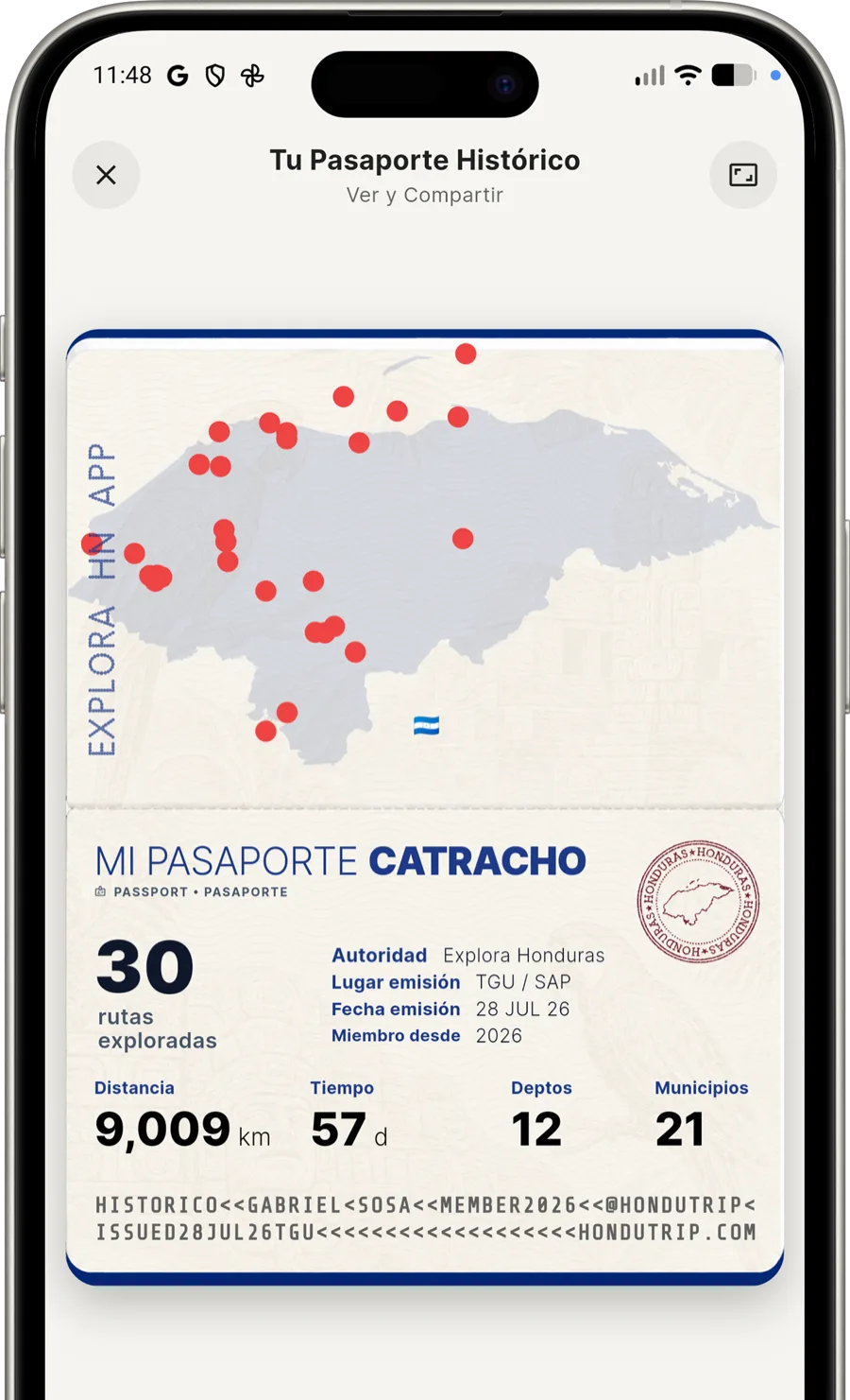 Pantalla del Pasaporte Catracho en la app, con el mapa de Honduras y las rutas exploradas
